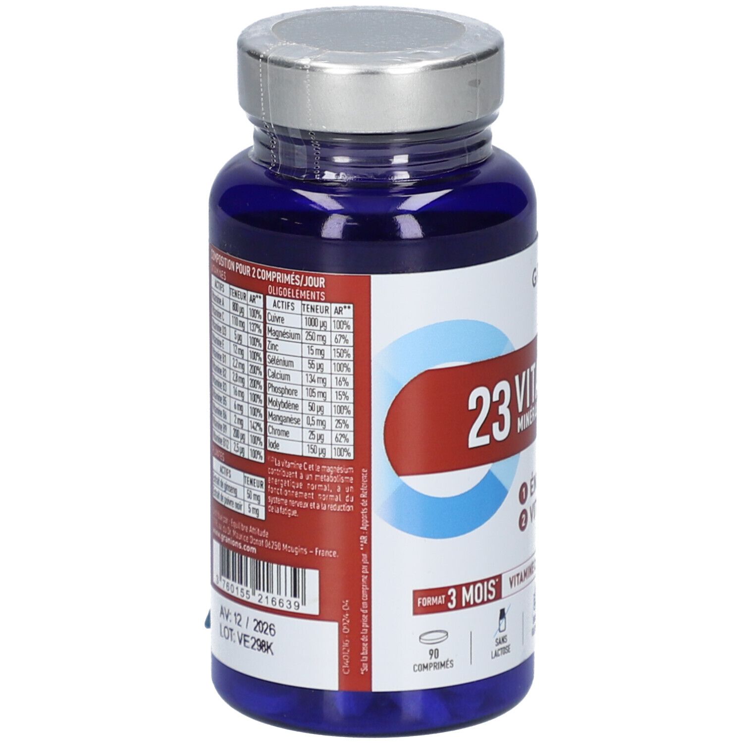 Dos du flacon bleu, bouchon argenté. Ingrédients, informations nutritionnelles. 90 comprimés. Date de péremption visible.