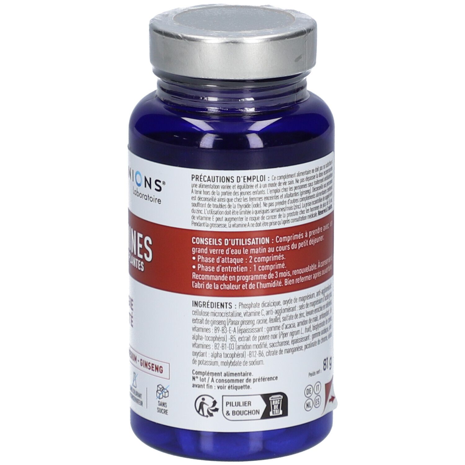 Dos du flacon bleu, bouchon argenté. Ingrédients, conseils d'utilisation, précautions. Poids 81g.