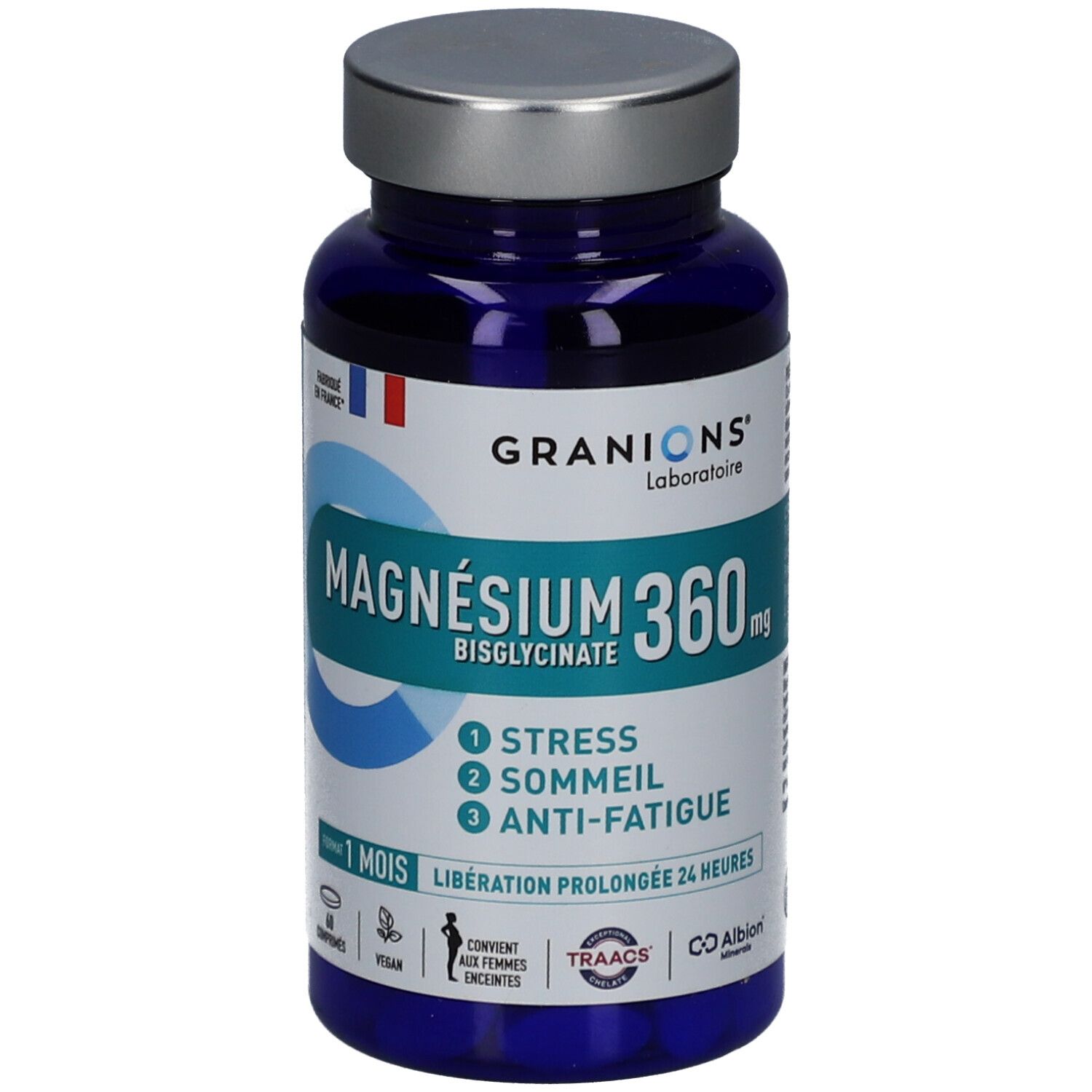 Flacon bleu de GRANIONS Magnésium Bisglycinate 360 mg. Contient 60 comprimés. Indications : stress, sommeil, anti-fatigue.