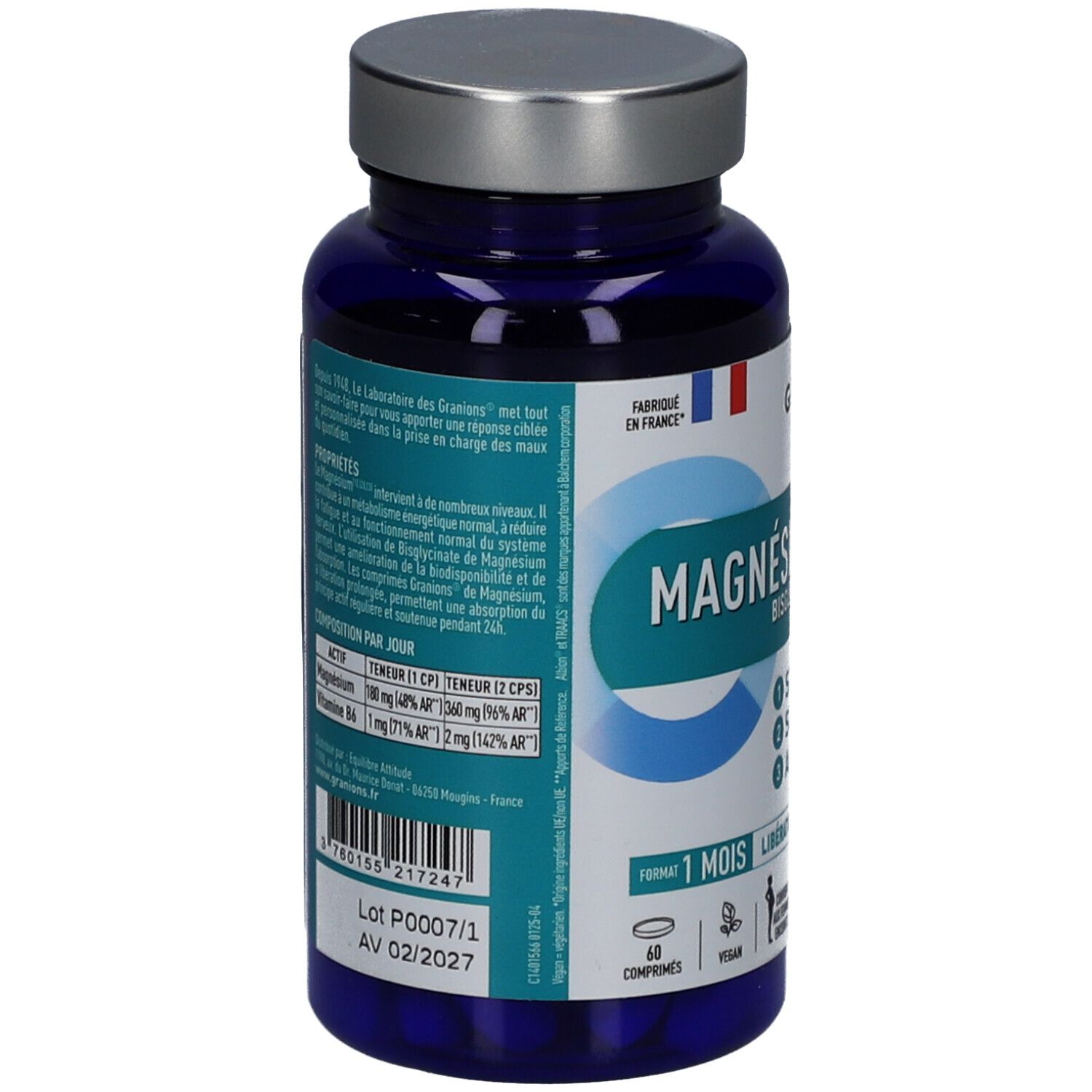 Dos du flacon bleu GRANIONS Magnésium Bisglycinate 360 mg. Informations sur les ingrédients et le dosage.