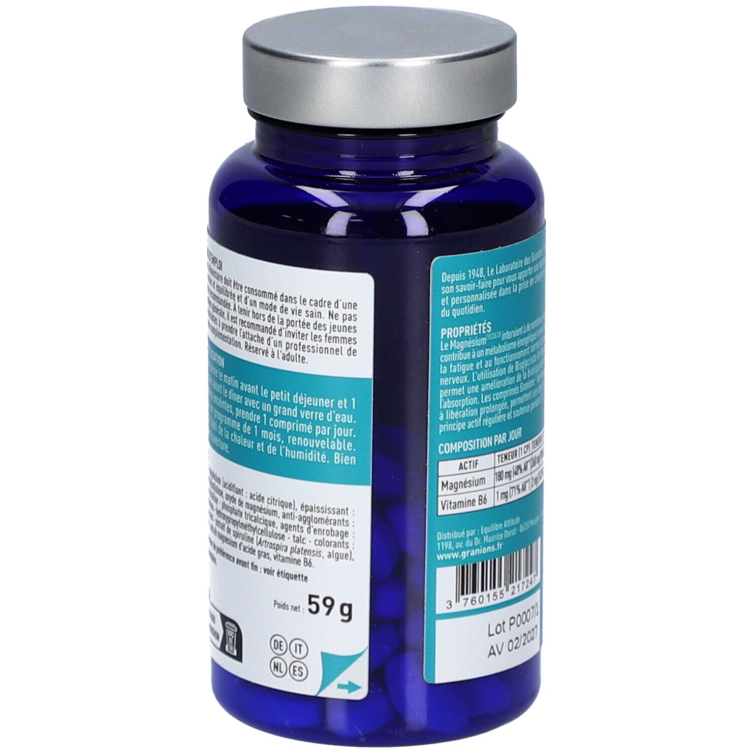 Dos du flacon bleu GRANIONS Magnésium Bisglycinate 360 mg. Informations d'utilisation et ingrédients.