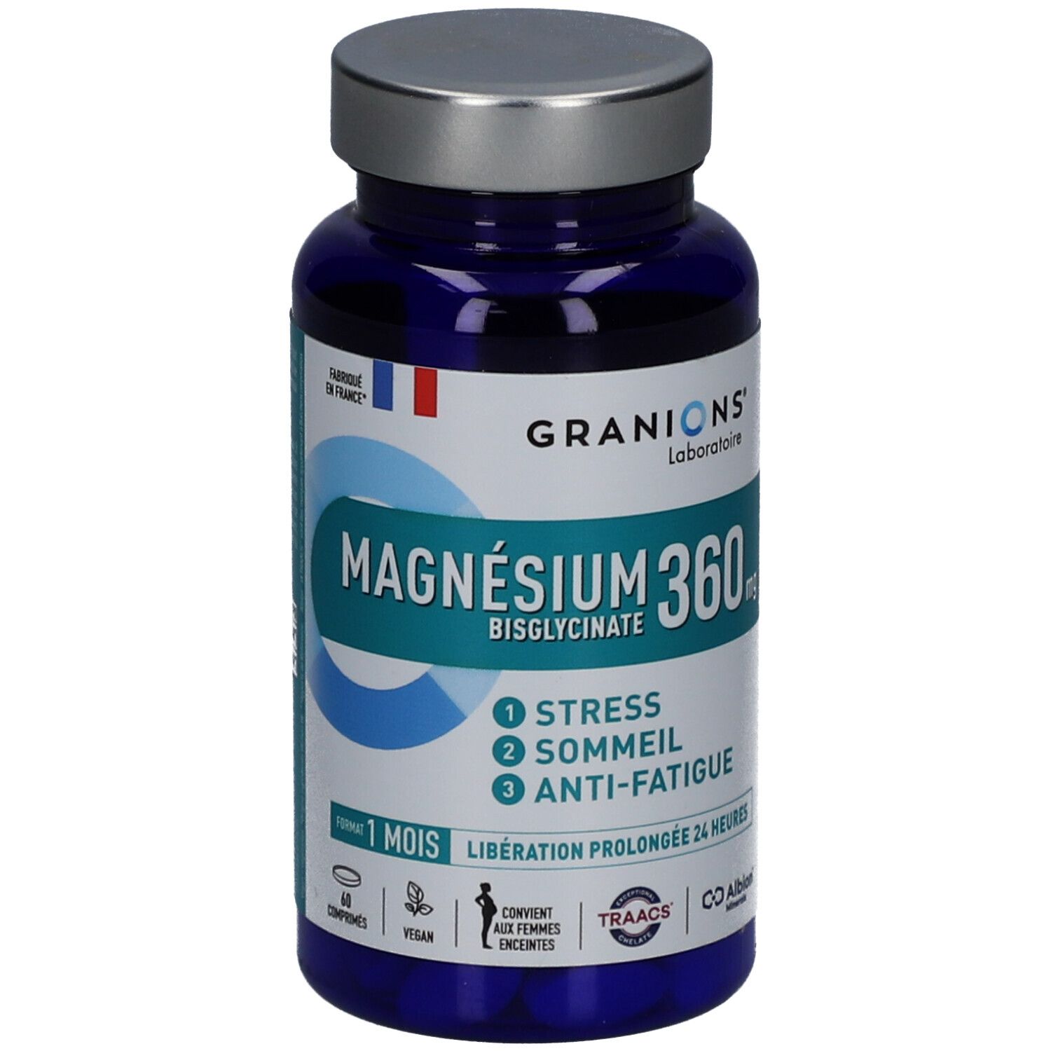 Flacon bleu GRANIONS Magnésium Bisglycinate 360 mg. 60 comprimés. Indications : stress, sommeil, anti-fatigue.