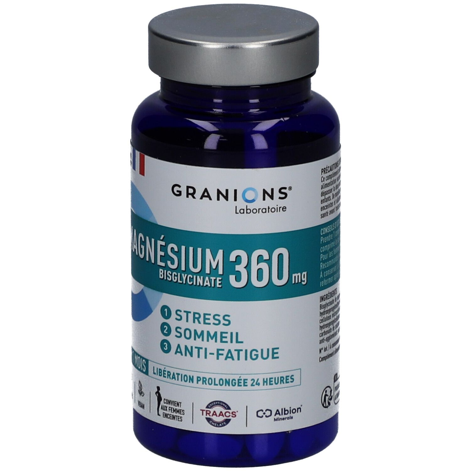 Flacon bleu GRANIONS Magnésium Bisglycinate 360 mg. Indications : stress, sommeil, anti-fatigue. 60 comprimés.