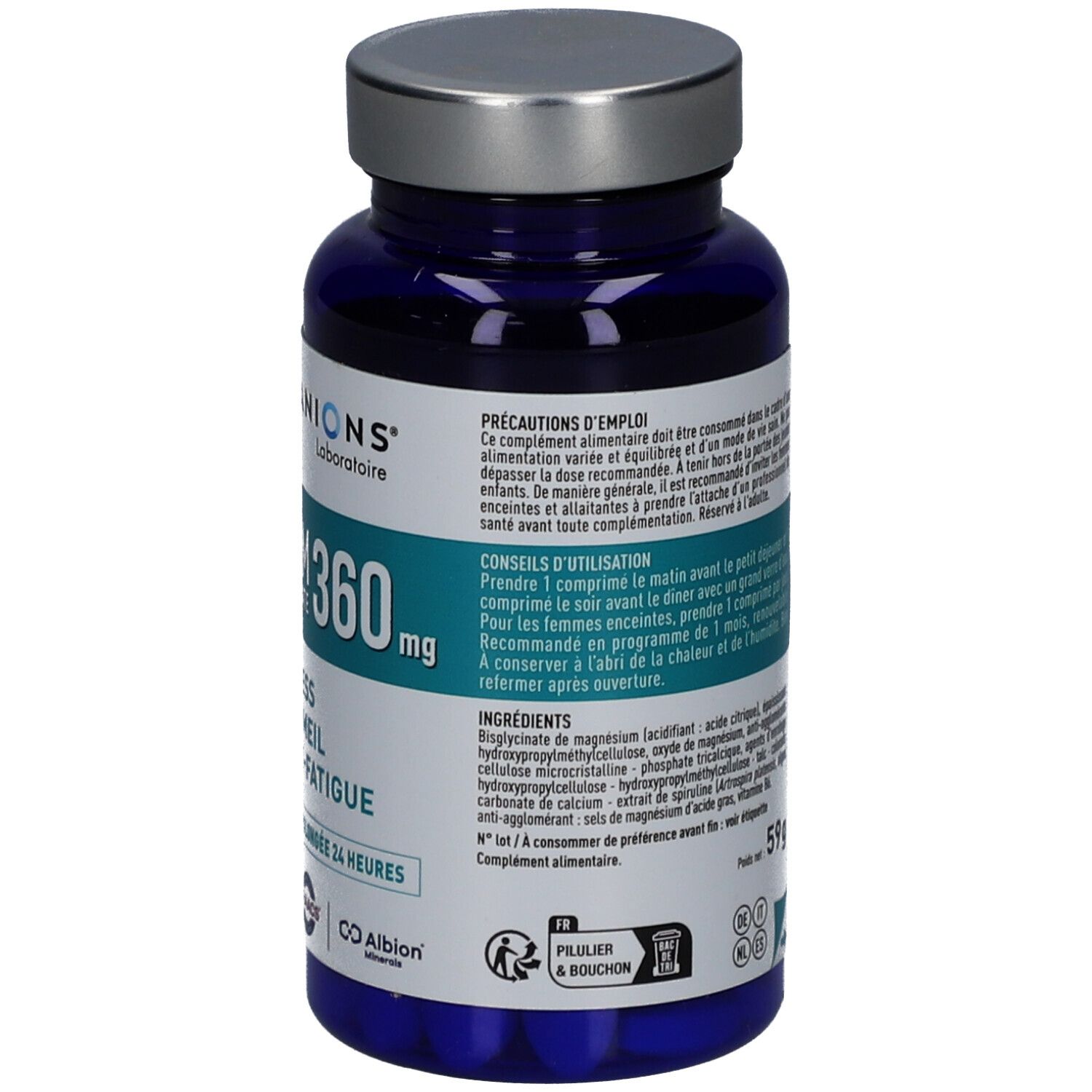Dos du flacon bleu GRANIONS Magnésium Bisglycinate 360 mg. Informations ingrédients et utilisation.