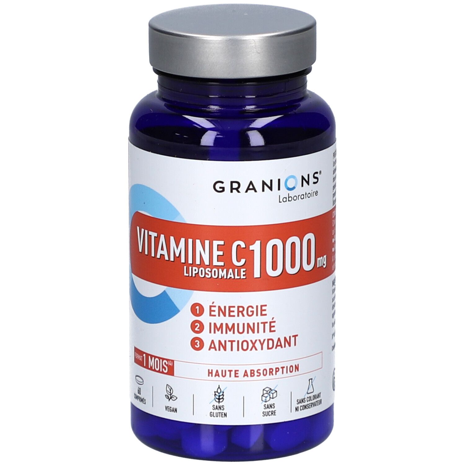 Flacon bleu de Vitamine C 1000 mg. Inscriptions : Énergie, Immunité, Antioxydant. 60 comprimés. Vegan, sans gluten, sans sucre.