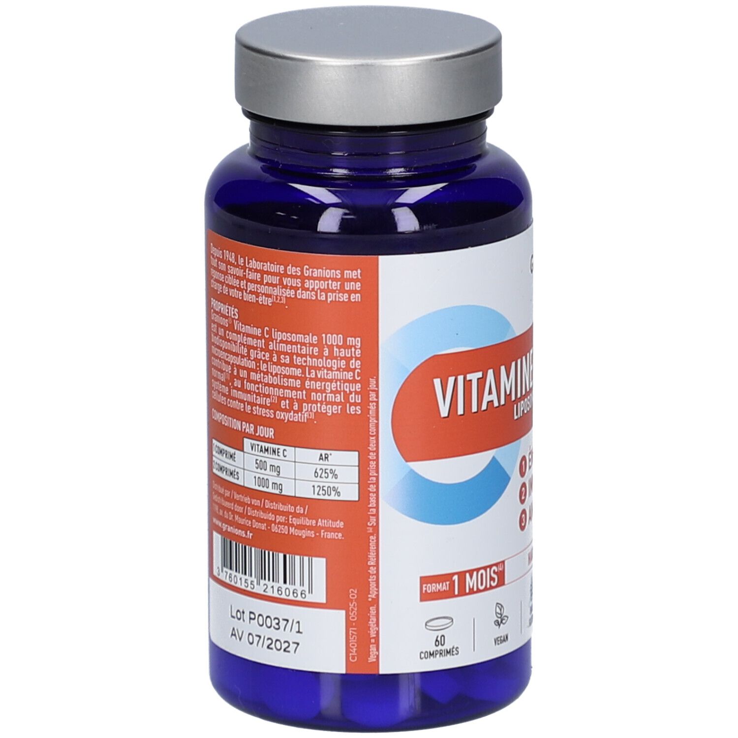 Dos de la bouteille bleue de Vitamine C 1000 mg. Informations textuelles, ingrédients, date de péremption. 60 comprimés.