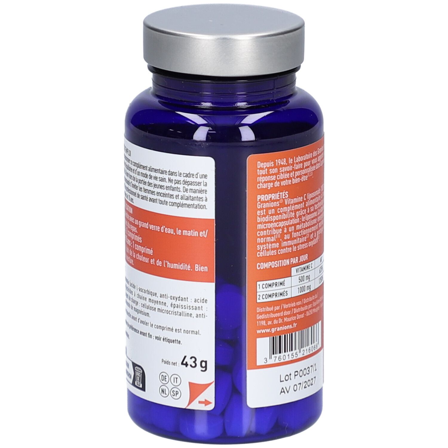 Dos de la bouteille bleue de Vitamine C 1000 mg. Informations textuelles, ingrédients, poids 43g. Date de péremption.