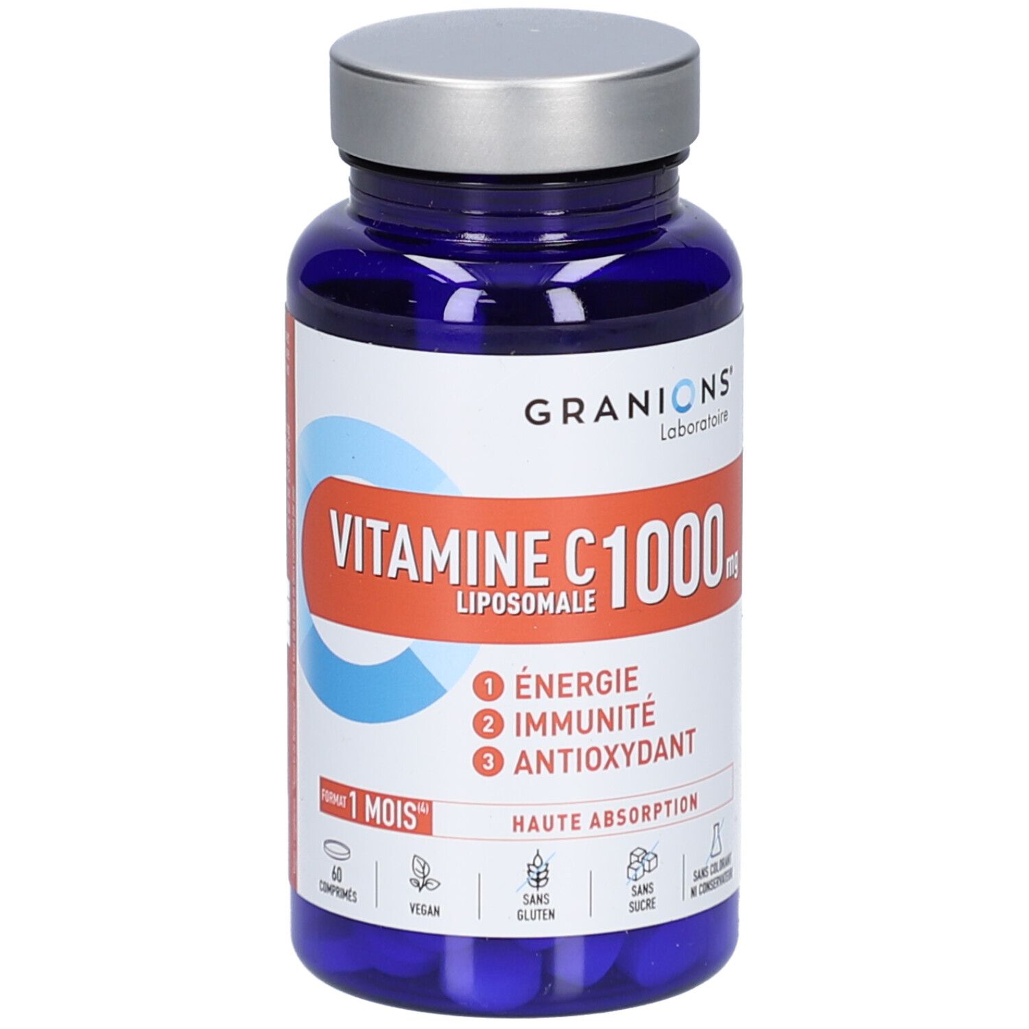 Flacon bleu de Vitamine C 1000 mg. Inscriptions : Énergie, Immunité, Antioxydant. 60 comprimés. Vegan, sans gluten, sans sucre.