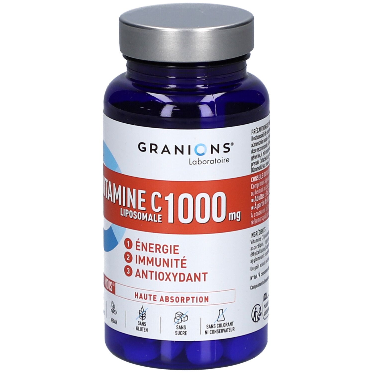Flacon bleu de Vitamine C 1000 mg. Inscriptions : Énergie, Immunité, Antioxydant. 60 comprimés. Vegan, sans gluten, sans sucre.