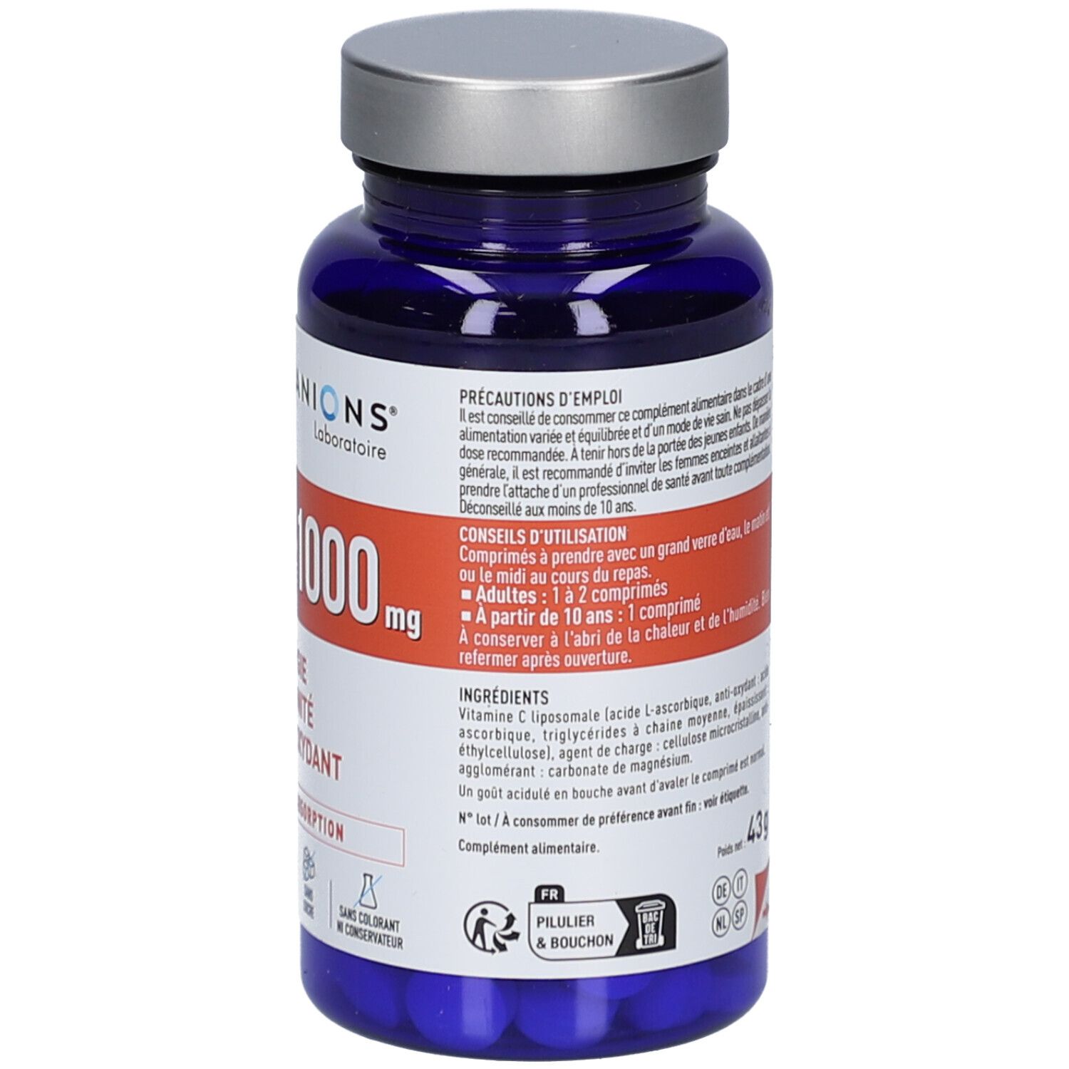 Dos de la bouteille bleue de Vitamine C 1000 mg. Informations textuelles, ingrédients, mode d'emploi. 60 comprimés.