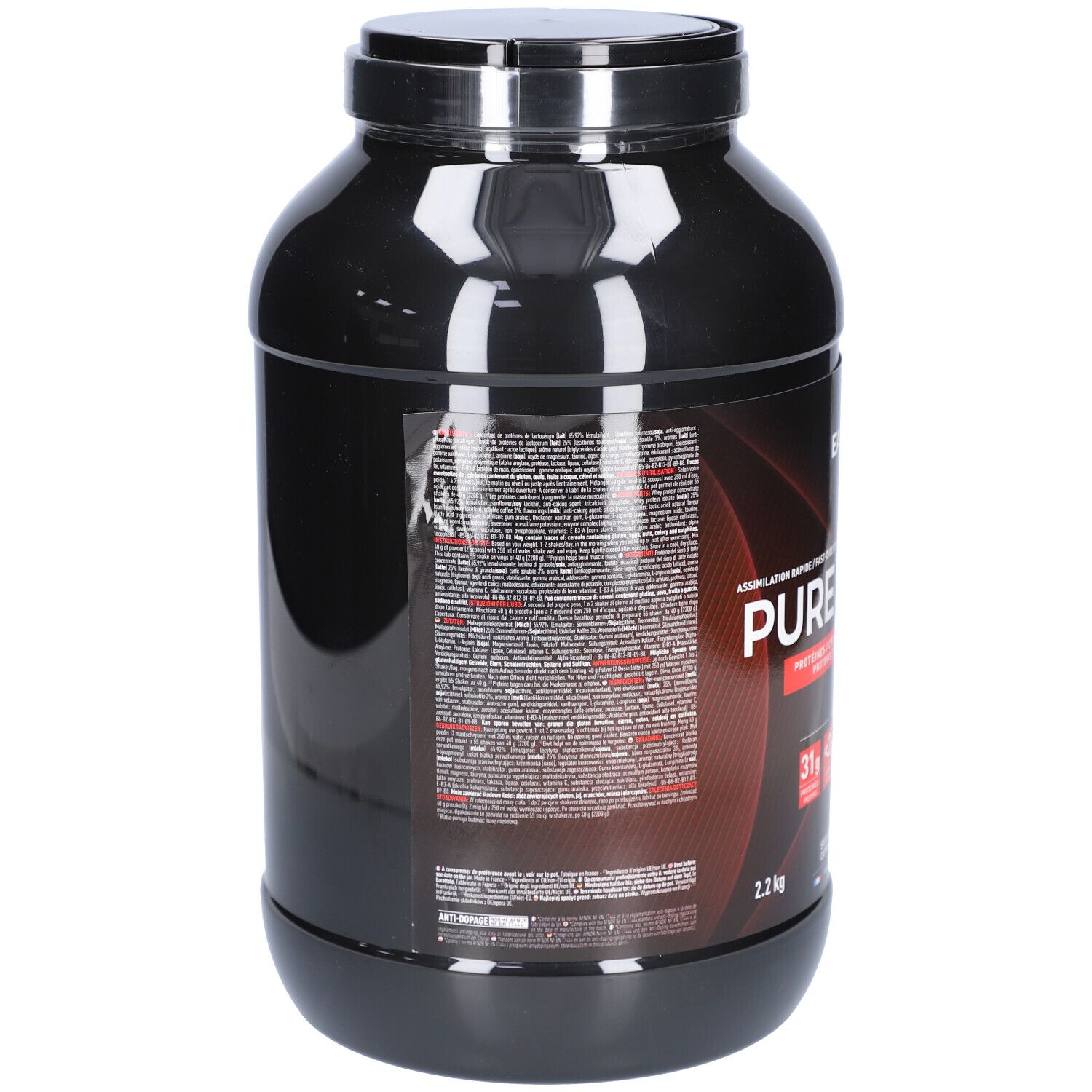 Dos du pot noir EAFIT Pure Whey. Texte avec informations nutritionnelles et ingrédients. 2,2 kg.
