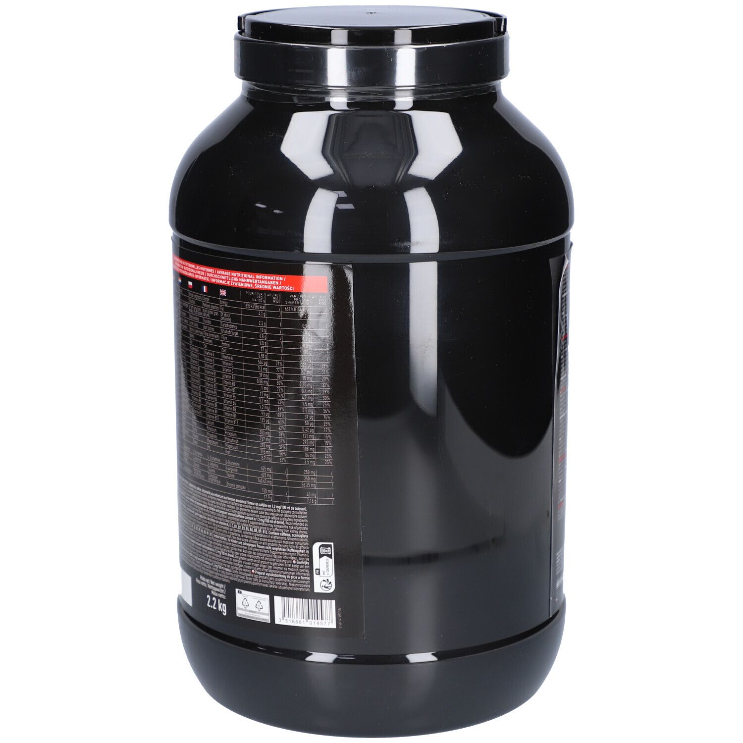 Pot noir EAFIT Pure Whey, vue latérale. Texte avec informations nutritionnelles et ingrédients. 2,2 kg.