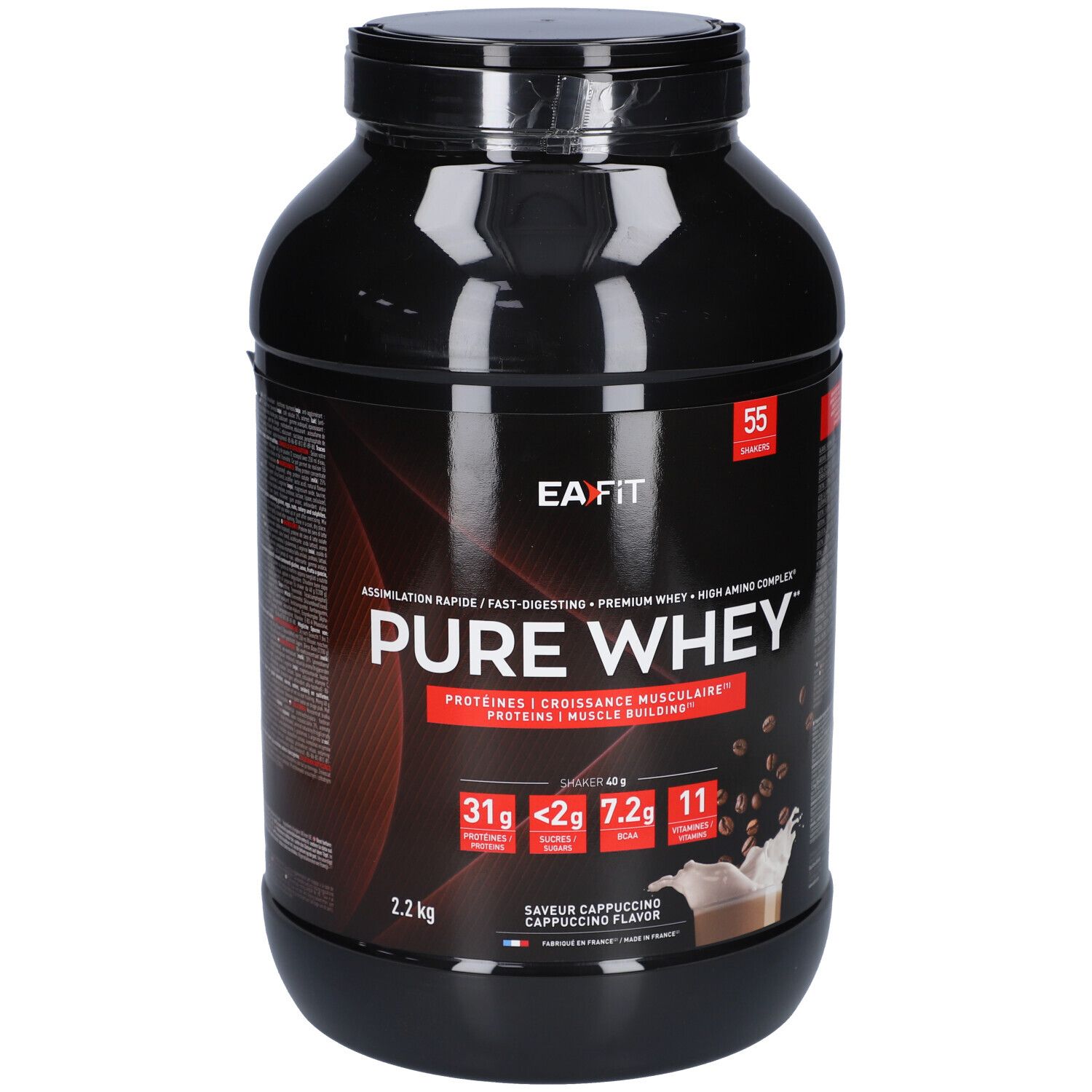 Pot noir EAFIT Pure Whey. Inscription: Pure Whey, goût cappuccino, 2,2 kg. Contient 55 portions.