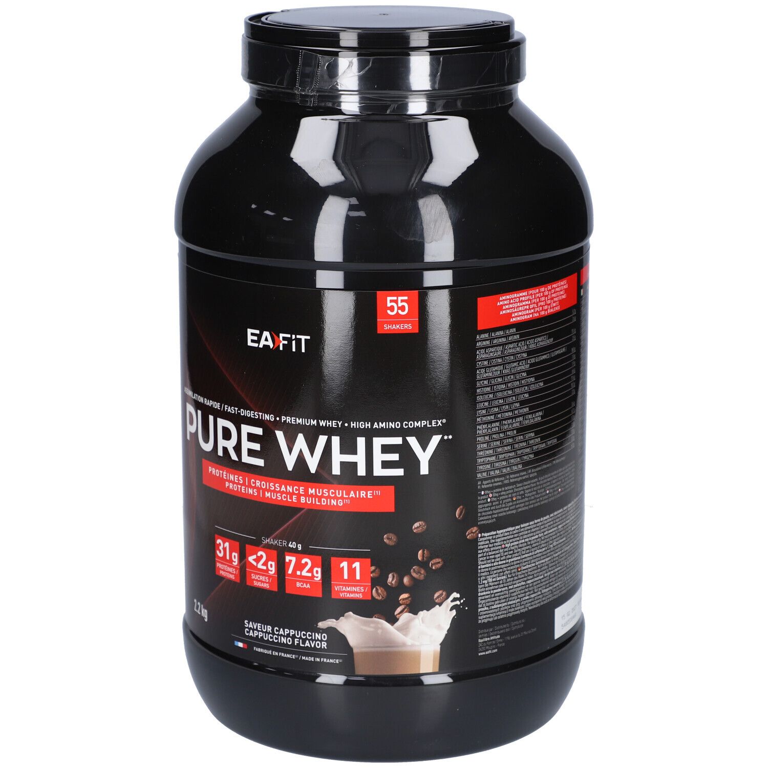 Pot noir EAFIT Pure Whey. Inscription: Pure Whey, goût cappuccino, 2,2 kg. Contient 55 portions.