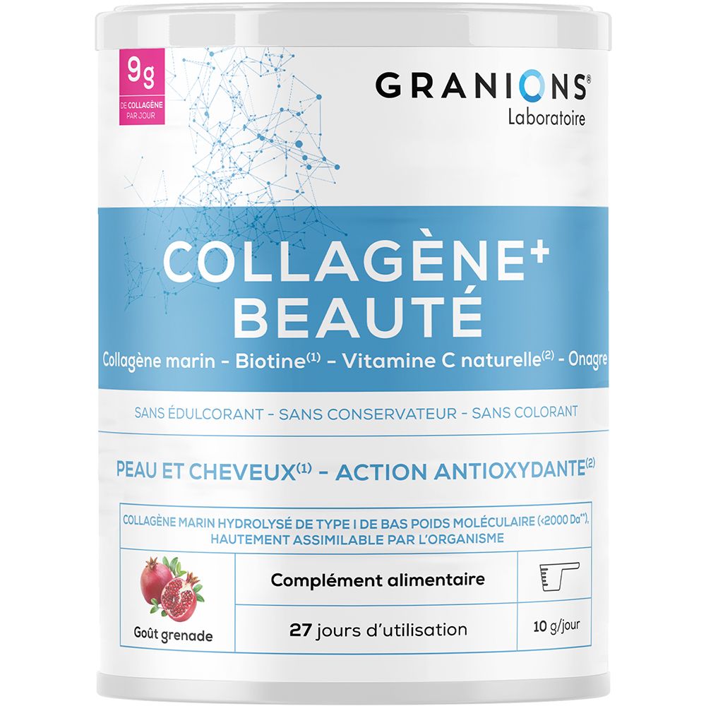 Boîte cylindrique GRANIONS. COLLAGÈNE+ BEAUTÉ. Contient collagène marin, biotine, vitamine C. Goût fruits rouges. Complément alimentaire.