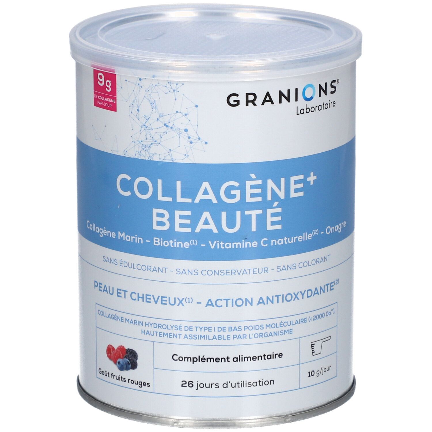 Boîte GRANIONS COLLAGENE+ BEAUTÉ. Boîte bleue et blanche avec informations produit et 9g de collagène par jour.