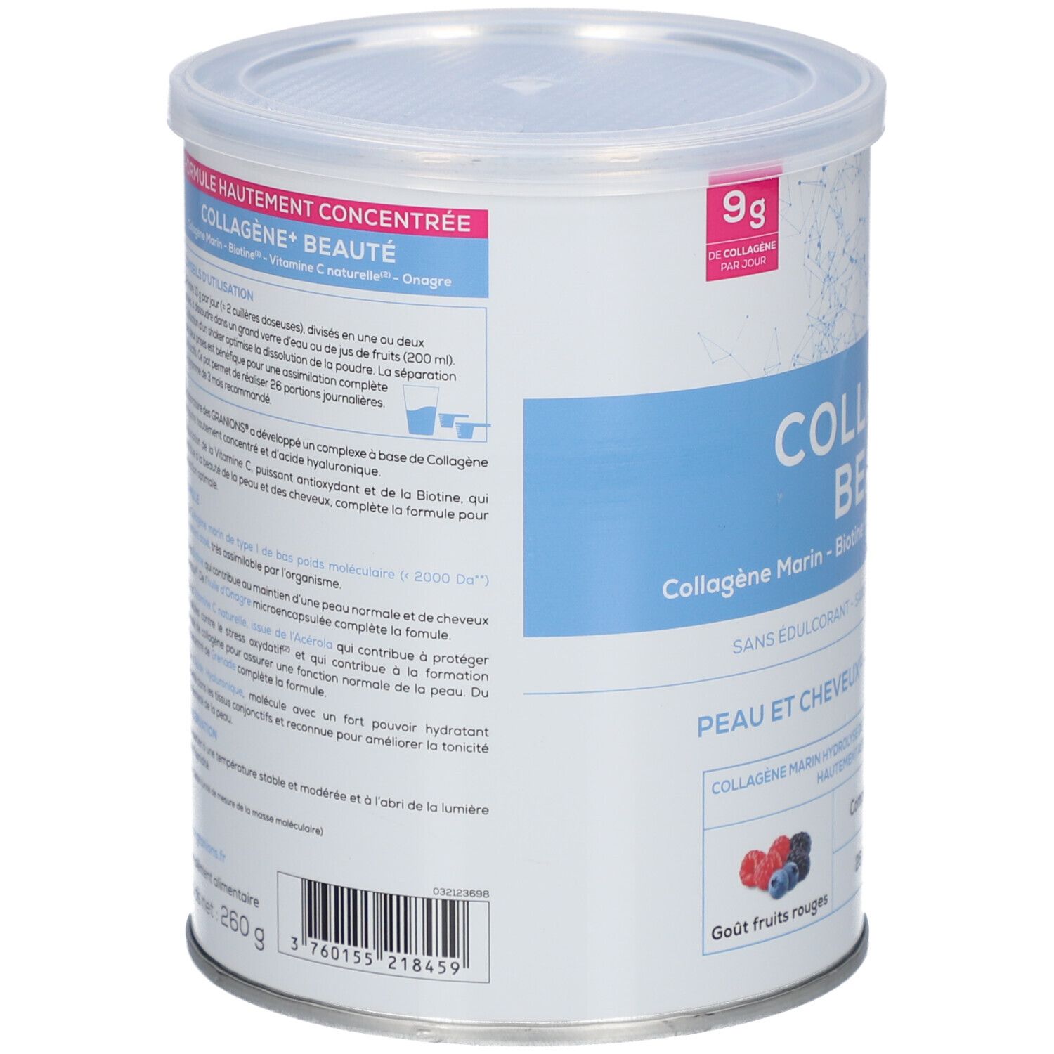 Boîte GRANIONS COLLAGENE+ BEAUTÉ, vue latérale. Informations produit, ingrédients et informations nutritionnelles.