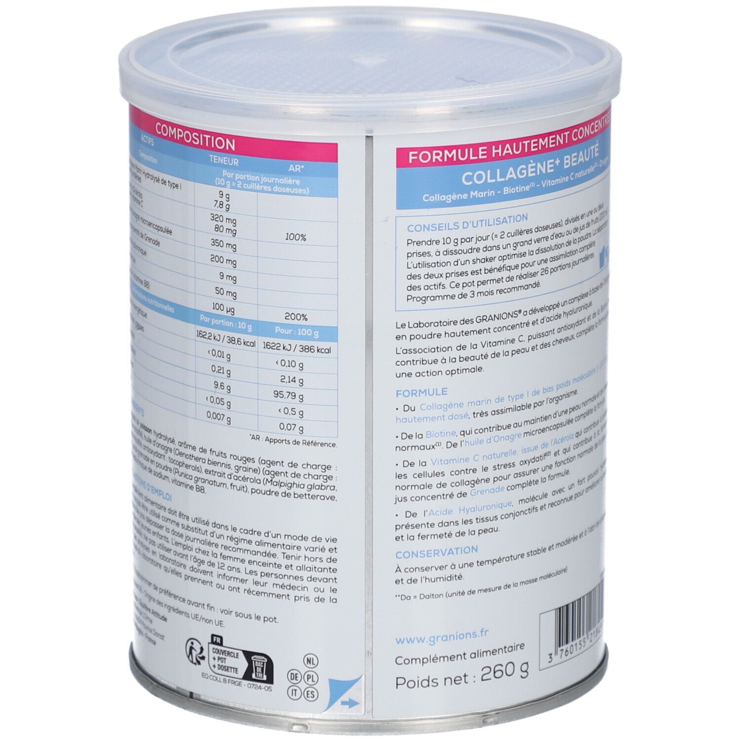 Boîte GRANIONS COLLAGENE+ BEAUTÉ, gros plan sur les informations produit et les valeurs nutritionnelles.