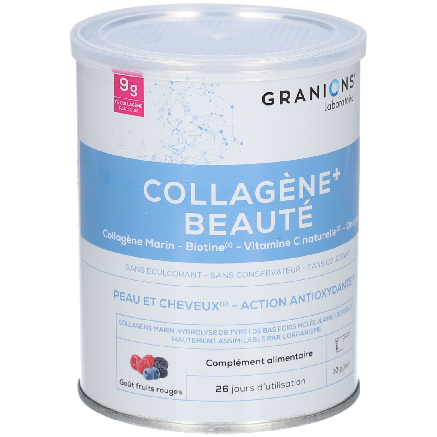 Boîte GRANIONS COLLAGENE+ BEAUTÉ. Boîte bleue et blanche avec informations produit et 9g de collagène par jour.