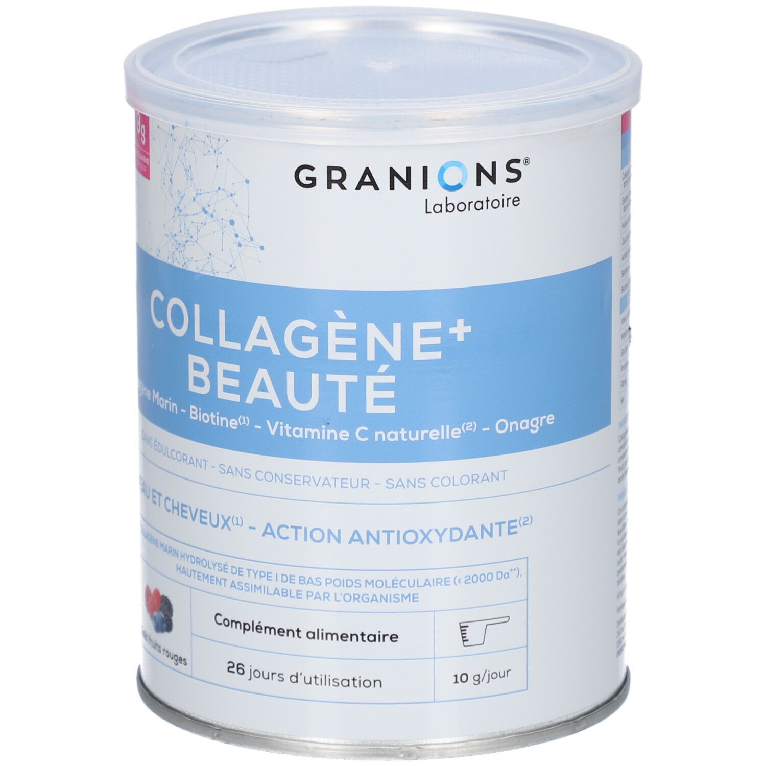 Boîte GRANIONS COLLAGENE+ BEAUTÉ. Boîte bleue et blanche avec informations produit et 9g de collagène par jour.