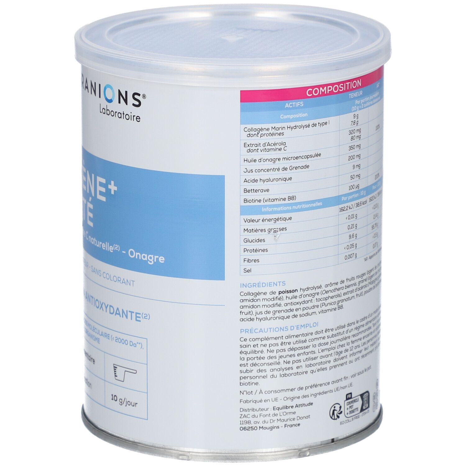 Boîte GRANIONS COLLAGENE+ BEAUTÉ, gros plan sur les informations produit et les valeurs nutritionnelles.