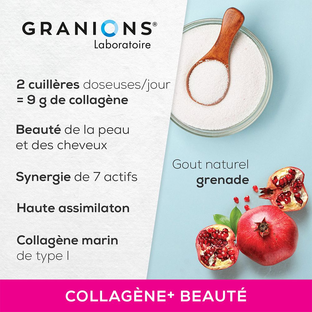 Texte avec logo GRANIONS. 2 cuillères doseuses/jour = 9 g de collagène. Beauté de la peau et des cheveux. Synergie de 7 actifs. Haute assimilation.