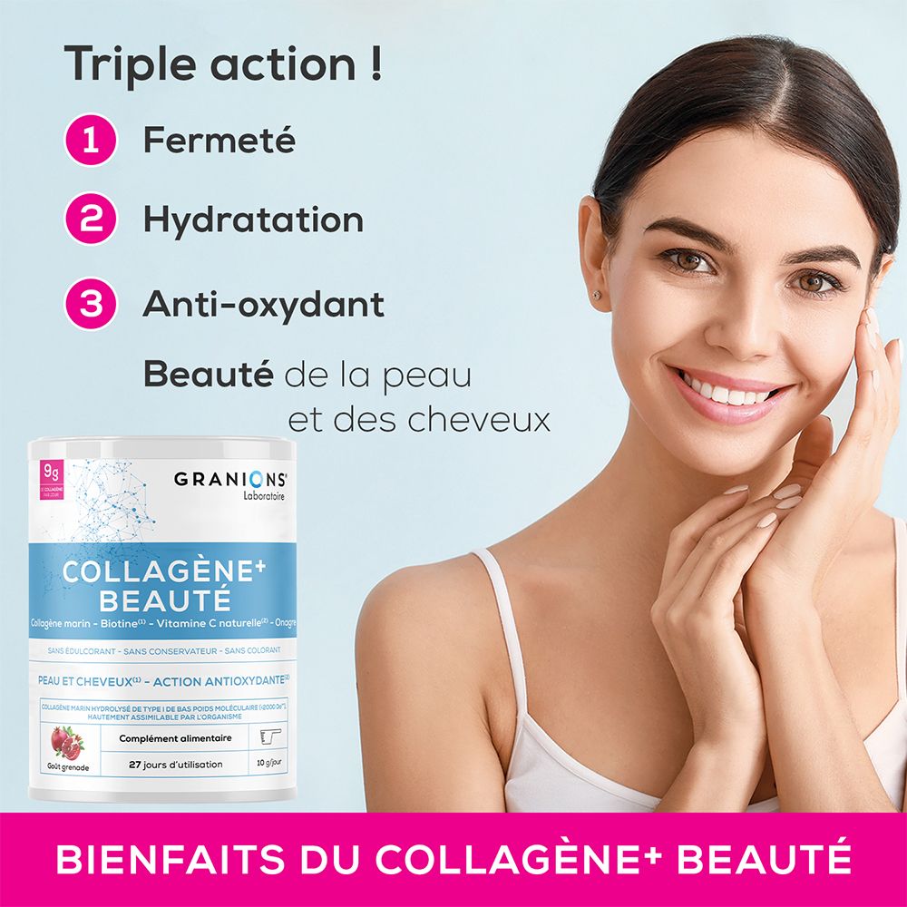 Femme souriante. Boîte GRANIONS COLLAGÈNE+ BEAUTÉ. Avantages: Fermeté, hydratation, antioxydant. Beauté de la peau et des cheveux. Fond rose.