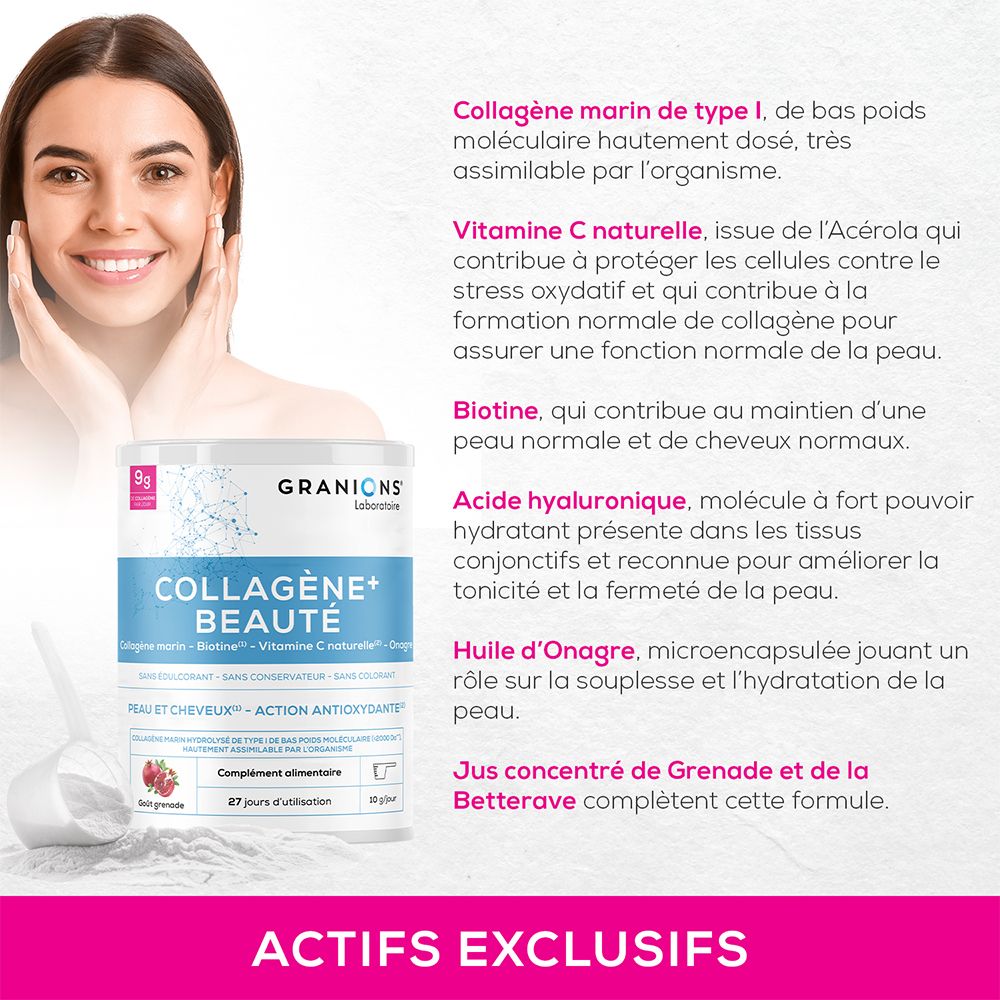 Femme souriante. Boîte GRANIONS COLLAGÈNE+ BEAUTÉ. Avantages: collagène marin, vitamine C, biotine, acide hyaluronique, huile d'onagre, grenade.