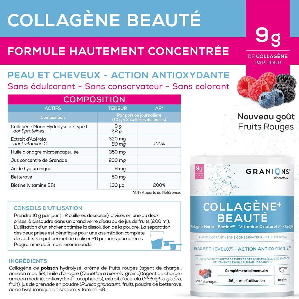 Composition détaillée et bienfaits du GRANIONS Collagène + Beauté, saveur Fruits Rouges.