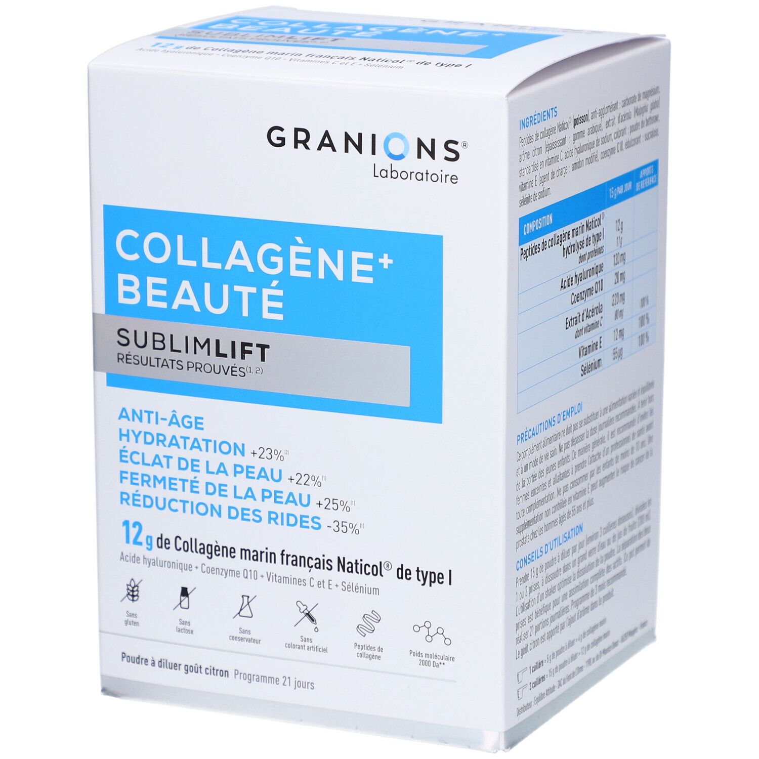 Boîte GRANIONS Collagène+ Beauté. Ingrédients, informations produit, résultats prouvés, texte bleu.