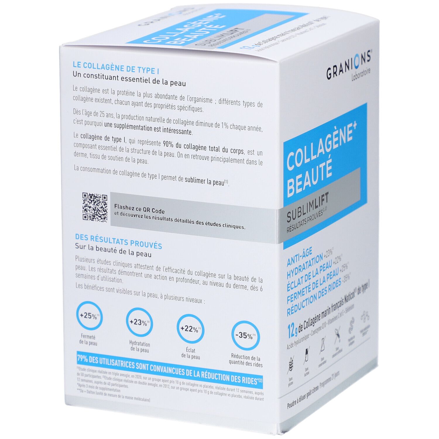Dos de la boîte GRANIONS Collagène+ Beauté. Infos produit, QR code, résultats, touches de bleu.