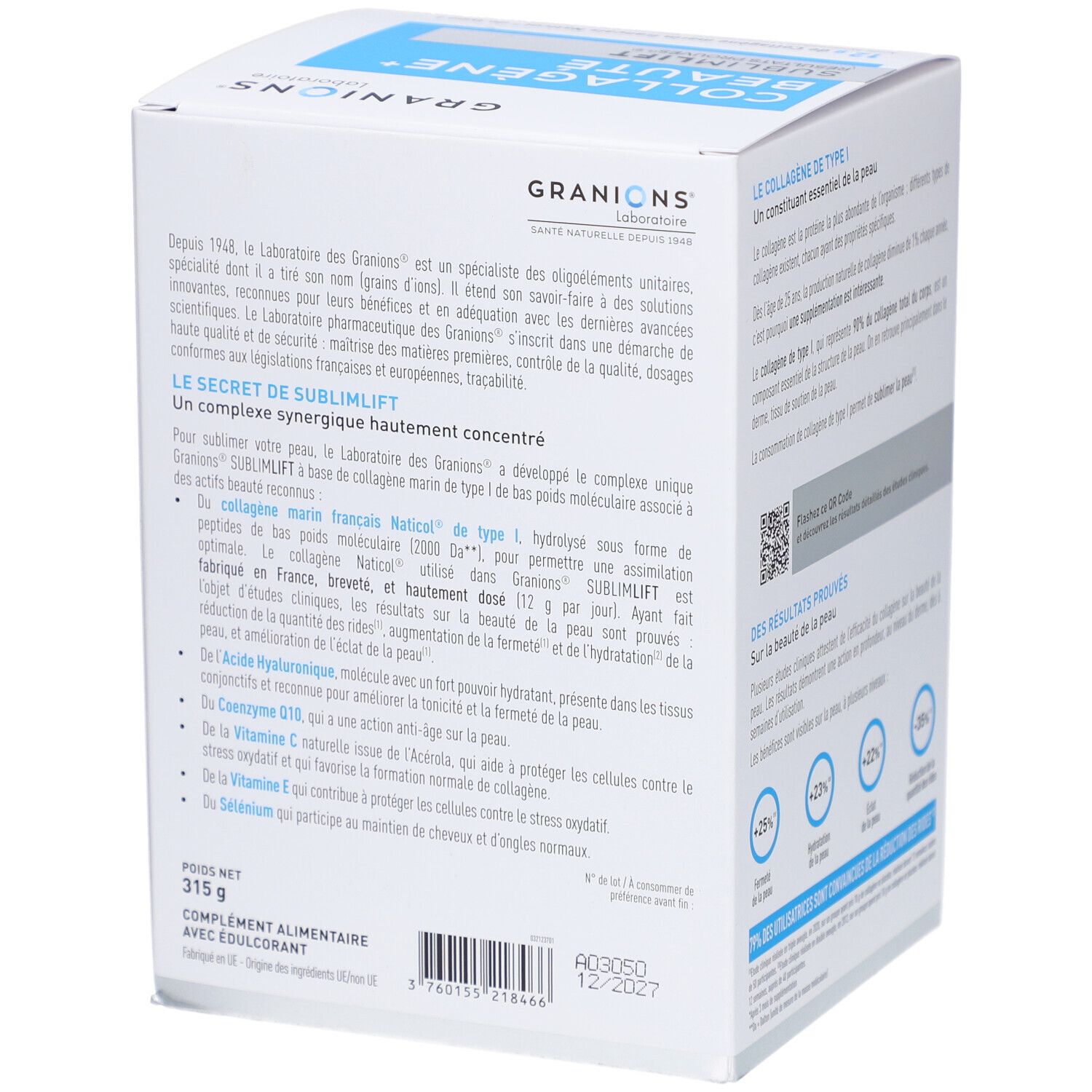 Côté boîte GRANIONS Collagène+ Beauté. Description produit, ingrédients, poids, touches de bleu.