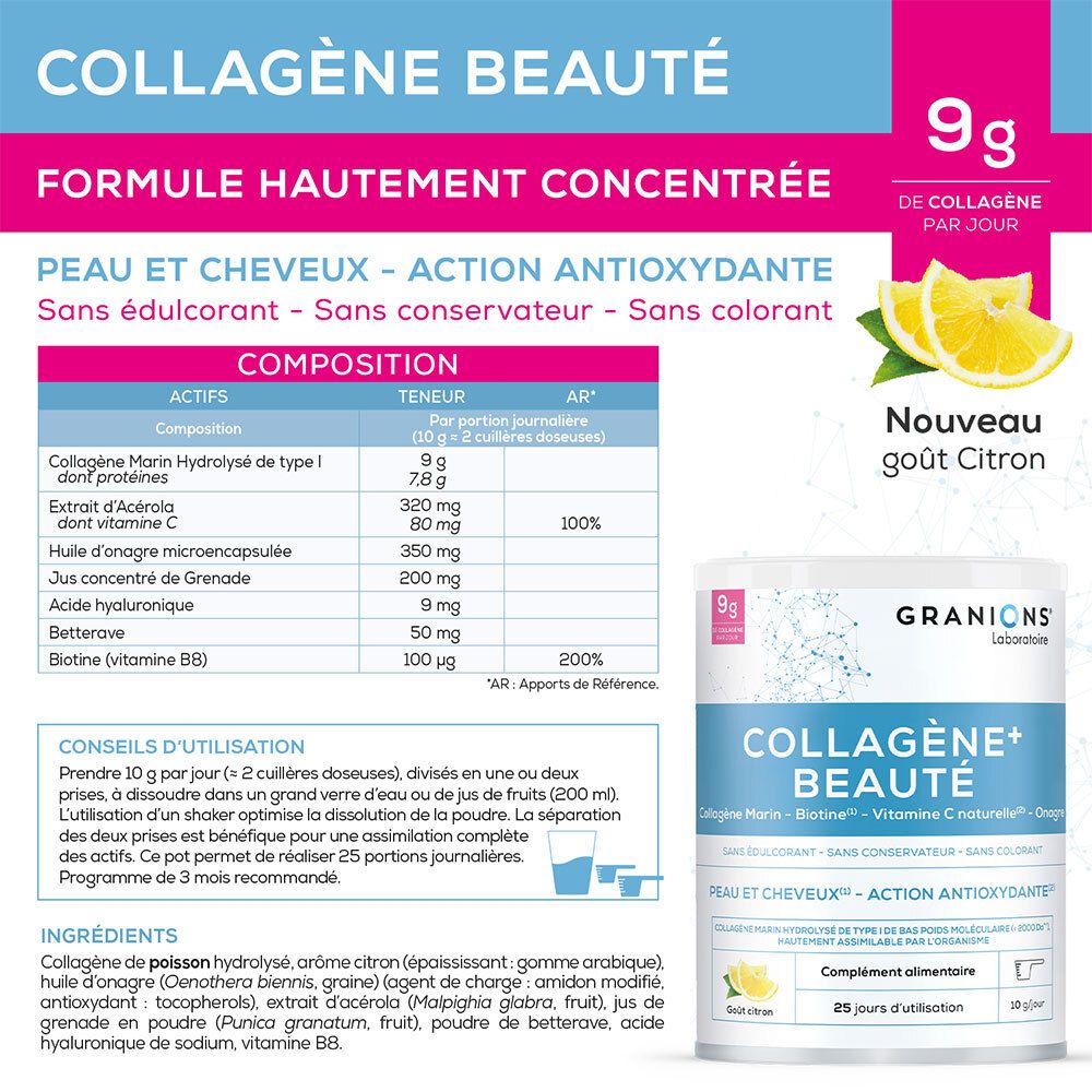 Infographie avec ingrédients et informations nutritionnelles de GRANIONS Collagène+ Beauté. Contient 9g de collagène par portion.