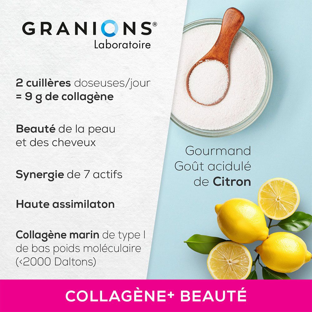 Ingrédients et citrons de GRANIONS Collagène+ Beauté. Contient 9g de collagène par 2 cuillères doseuses. Goût citron.