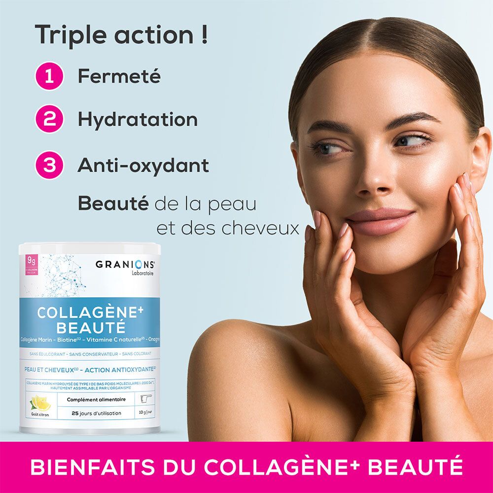Femme avec GRANIONS Collagène+ Beauté. Boîte à côté de la femme. Avantages : Fermeté, hydratation, antioxydant. Pour peau et cheveux.