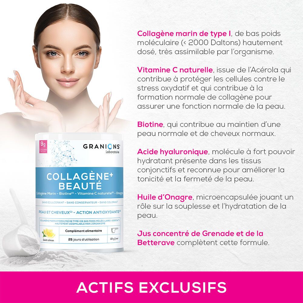 Femme avec GRANIONS Collagène+ Beauté. Boîte à côté de la femme. Contient collagène, vitamine C, biotine, acide hyaluronique, huile d'onagre.