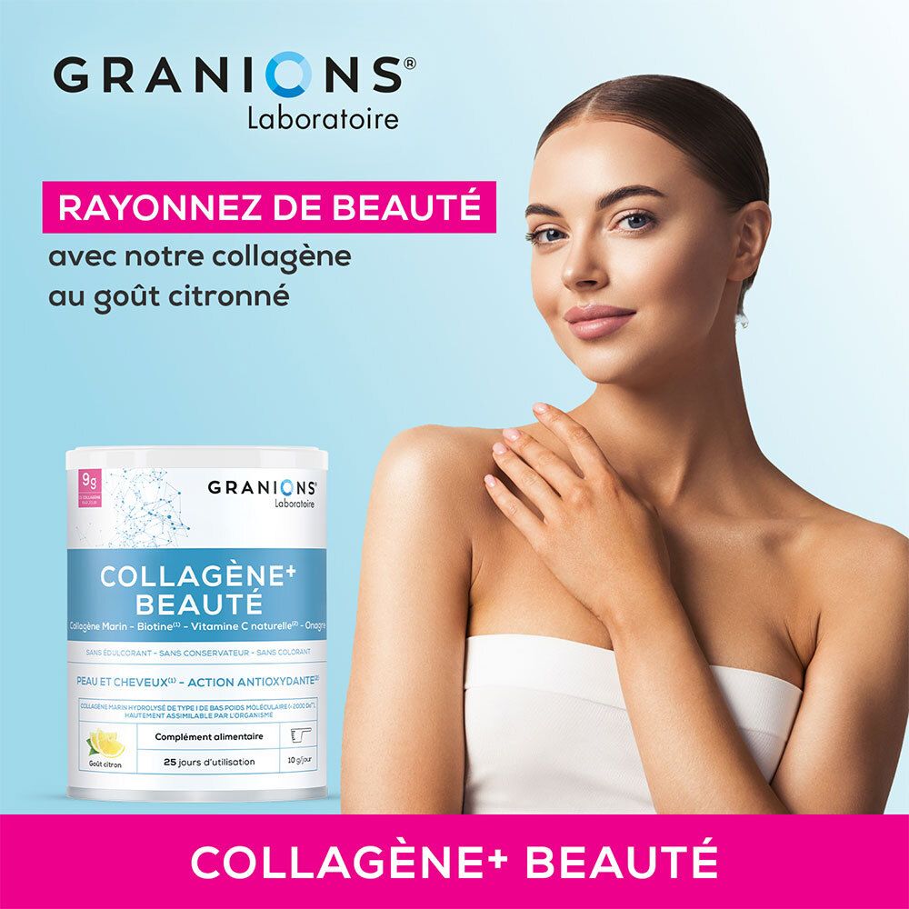 Femme avec GRANIONS Collagène+ Beauté. Boîte à côté de la femme. Goût citron. Pour une beauté rayonnante.