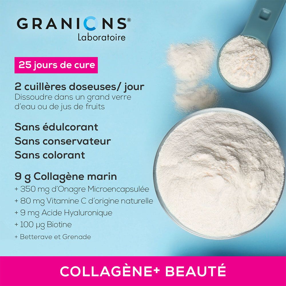 Ingrédients de GRANIONS Collagène+ Beauté. Cure de 25 jours. 9g collagène, onagre, vitamine C, acide hyaluronique, biotine.