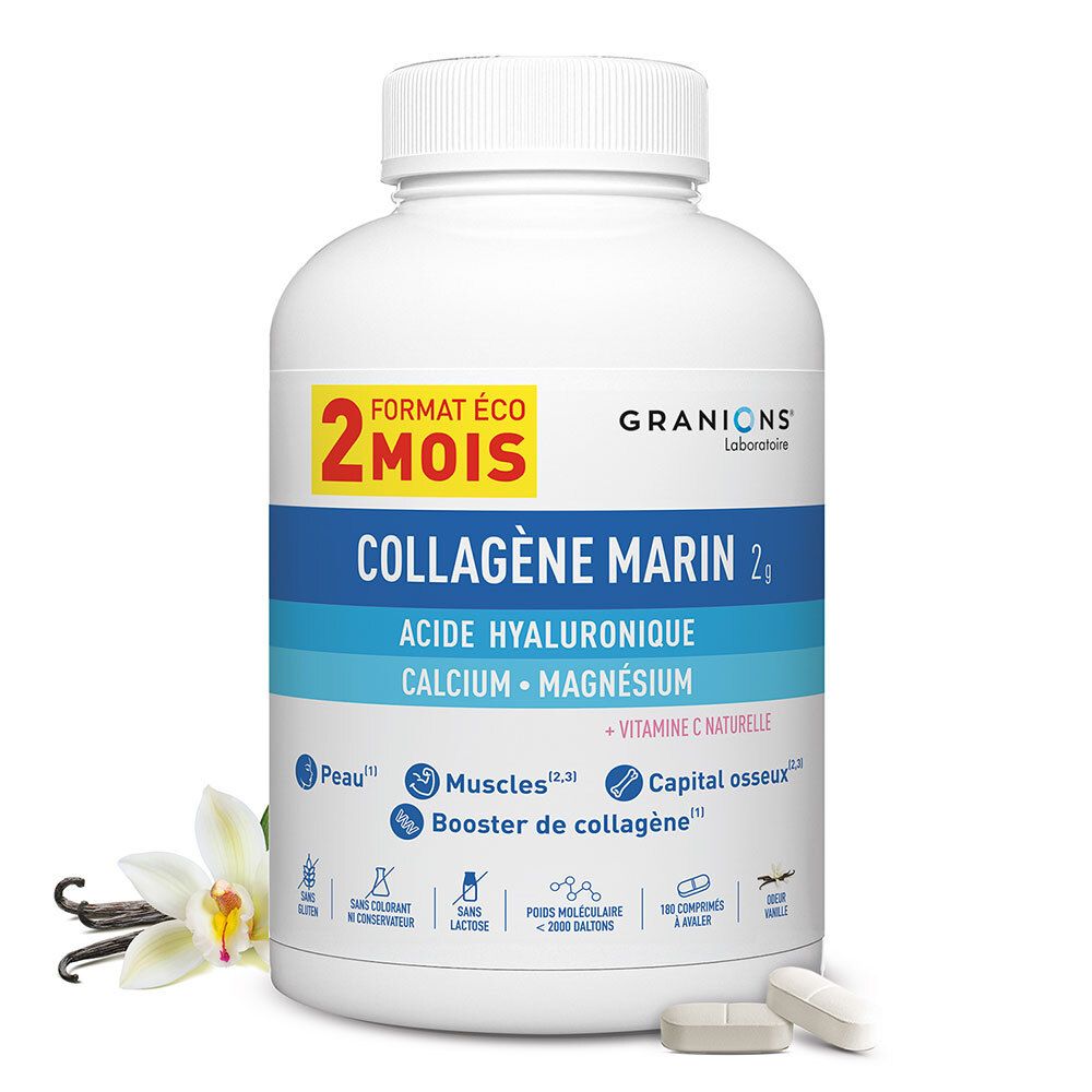 Flacon blanc GRANIONS Collagène Marin 2g. Contient acide hyaluronique, calcium, magnésium et vitamine C. Avec vanille.