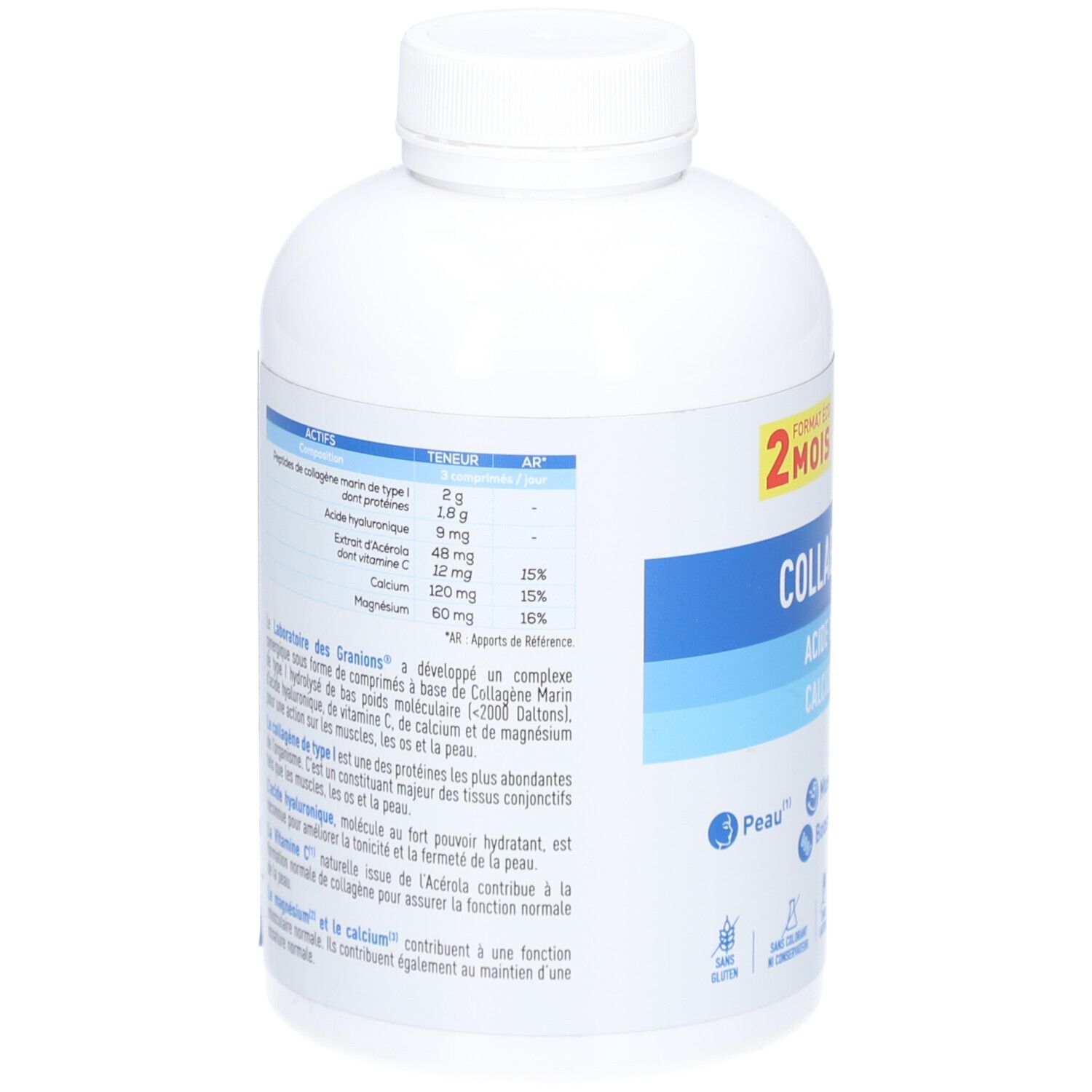 Dos du flacon blanc. Contient des informations sur les ingrédients et les valeurs nutritionnelles. Avec le logo GRANIONS.