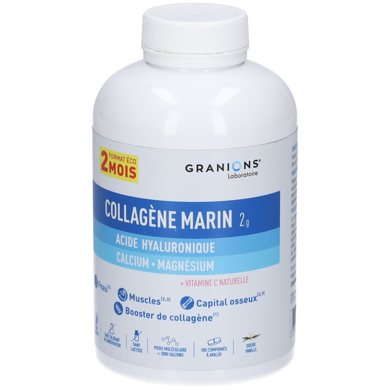 Flacon blanc avec étiquette bleue et blanche. Contient GRANIONS Collagène Marin 2g, acide hyaluronique, calcium, magnésium.