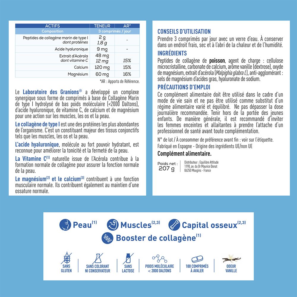 Tableau de texte avec ingrédients et conseils d'utilisation. Contient collagène, acide hyaluronique, vitamine C, calcium et magnésium.