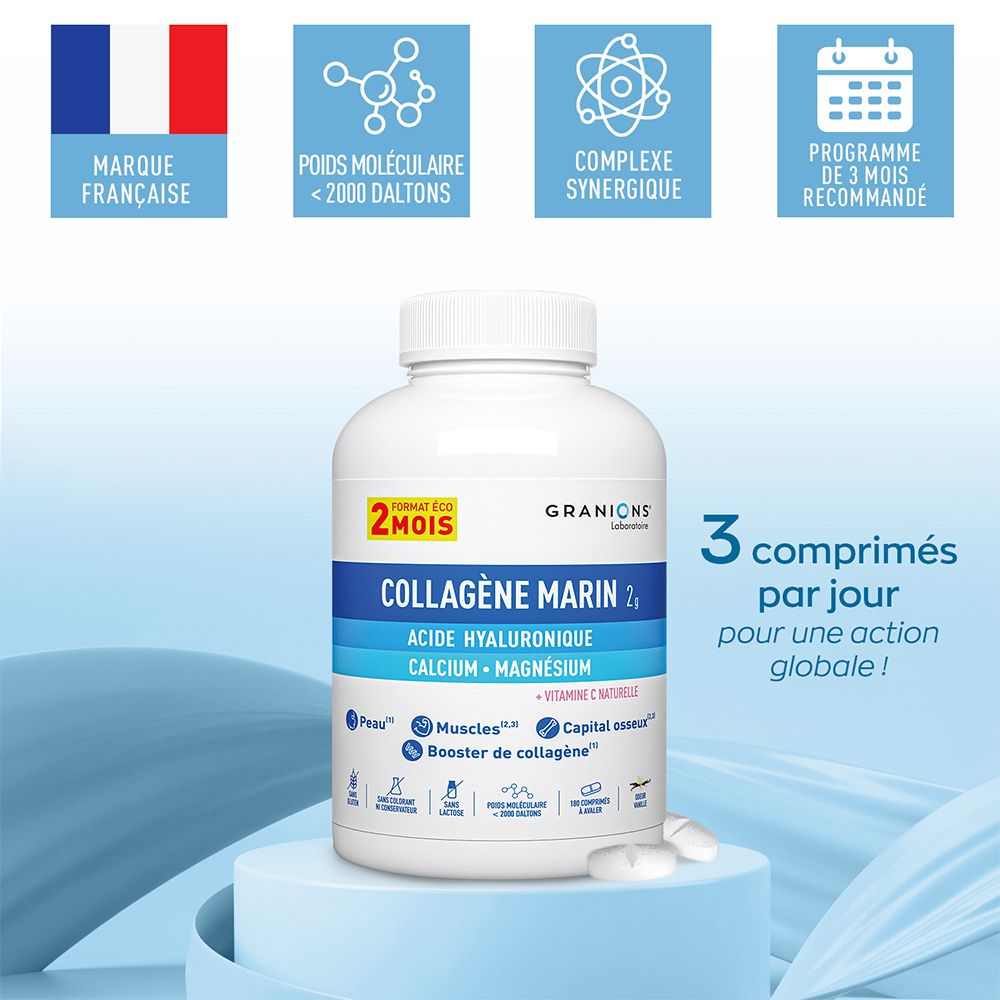 Flacon de produit avec comprimés. Contient collagène, acide hyaluronique, calcium, magnésium et vitamine C. Programme 3 mois.