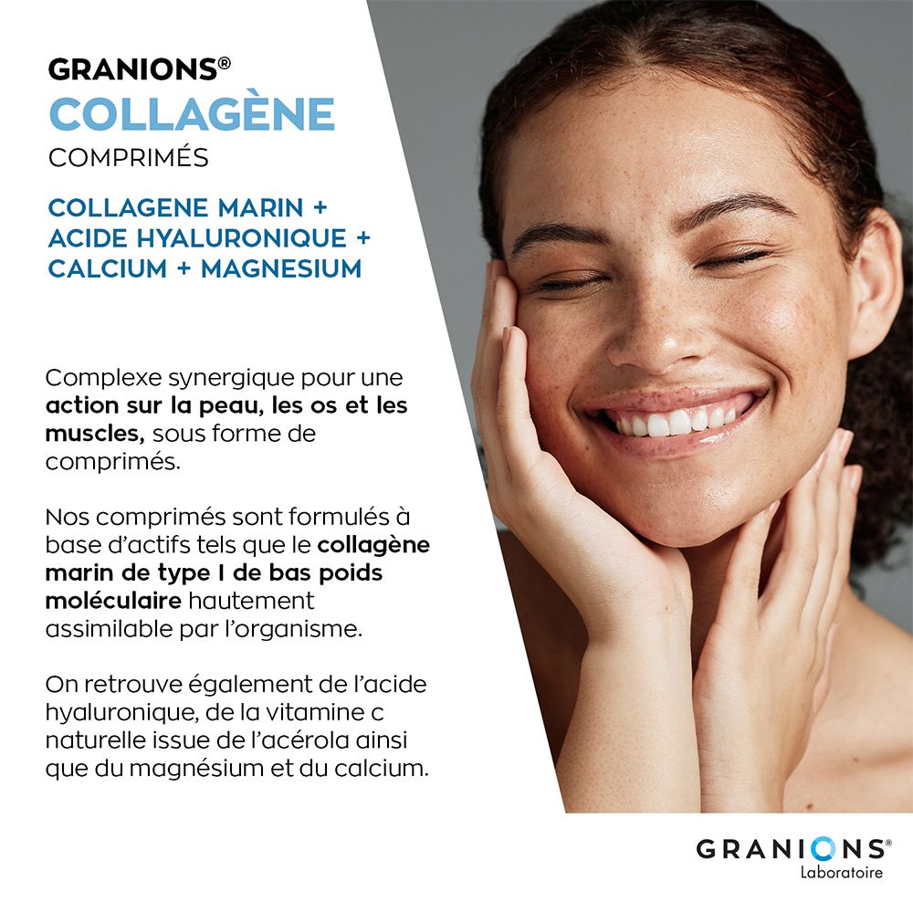 Femme avec peau lisse. Texte: collagène, acide hyaluronique, calcium, magnésium. Action synergique pour peau, os et muscles.