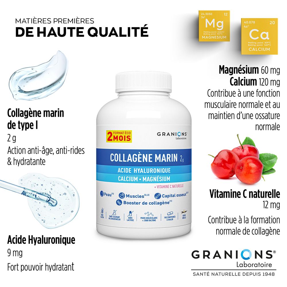 Flacon de produit avec ingrédients. Contient collagène, acide hyaluronique, vitamine C, calcium et magnésium. Matières premières de qualité.