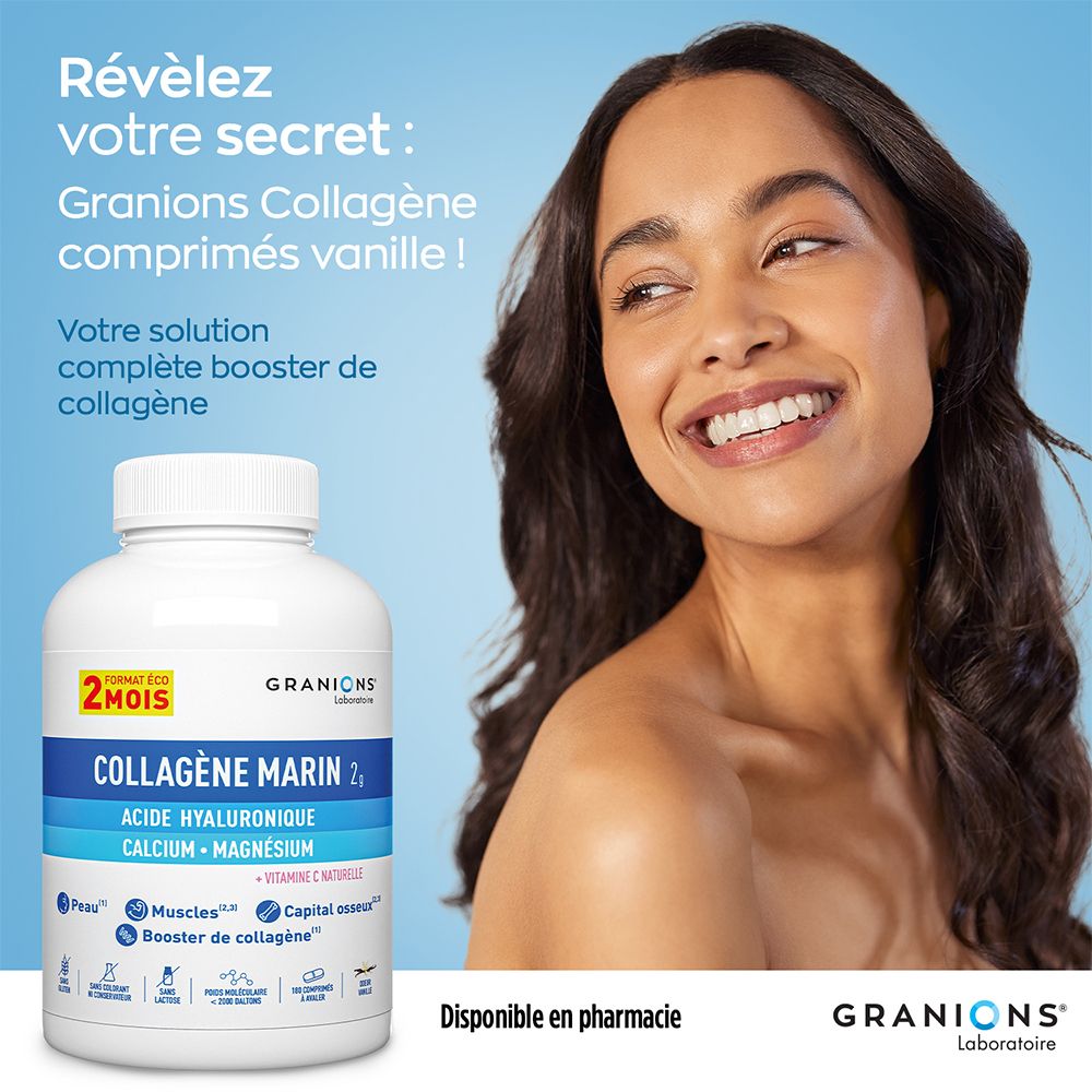 Femme avec peau lisse. Flacon de produit. Contient collagène, acide hyaluronique, calcium, magnésium et vitamine C. Disponible en pharmacie.