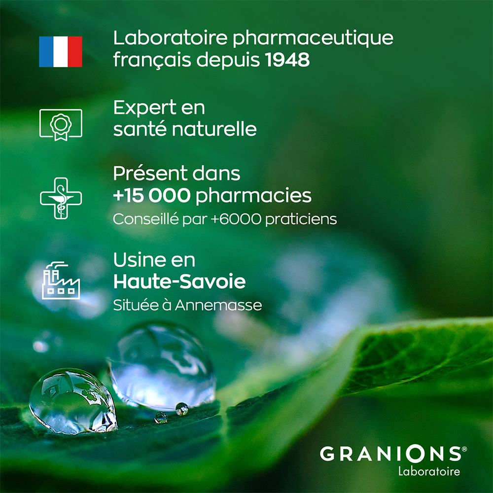 Feuille avec gouttes d'eau. Texte: Laboratoire pharmaceutique français depuis 1948. Expert en santé naturelle.