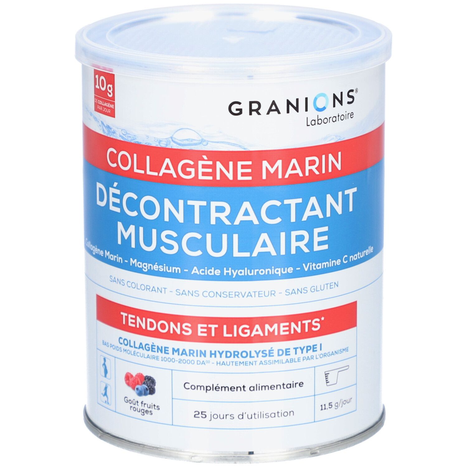 Boîte cylindrique avec couvercle. Inscription: GRANIONS, COLLAGÈNE MARIN DÉCONTRACTANT MUSCULAIRE. Contient 10g de collagène par jour.
