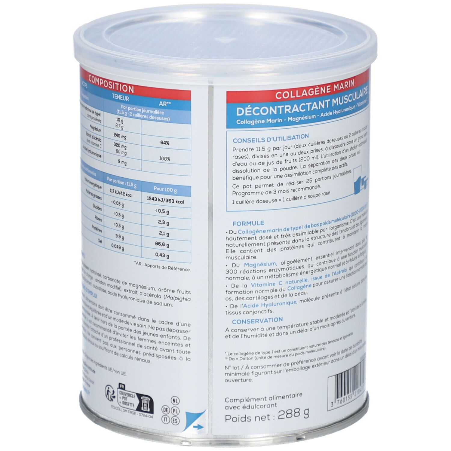 Boîte cylindrique avec couvercle. Dos avec informations nutritionnelles et ingrédients. Contient 288g. Marque: GRANIONS.