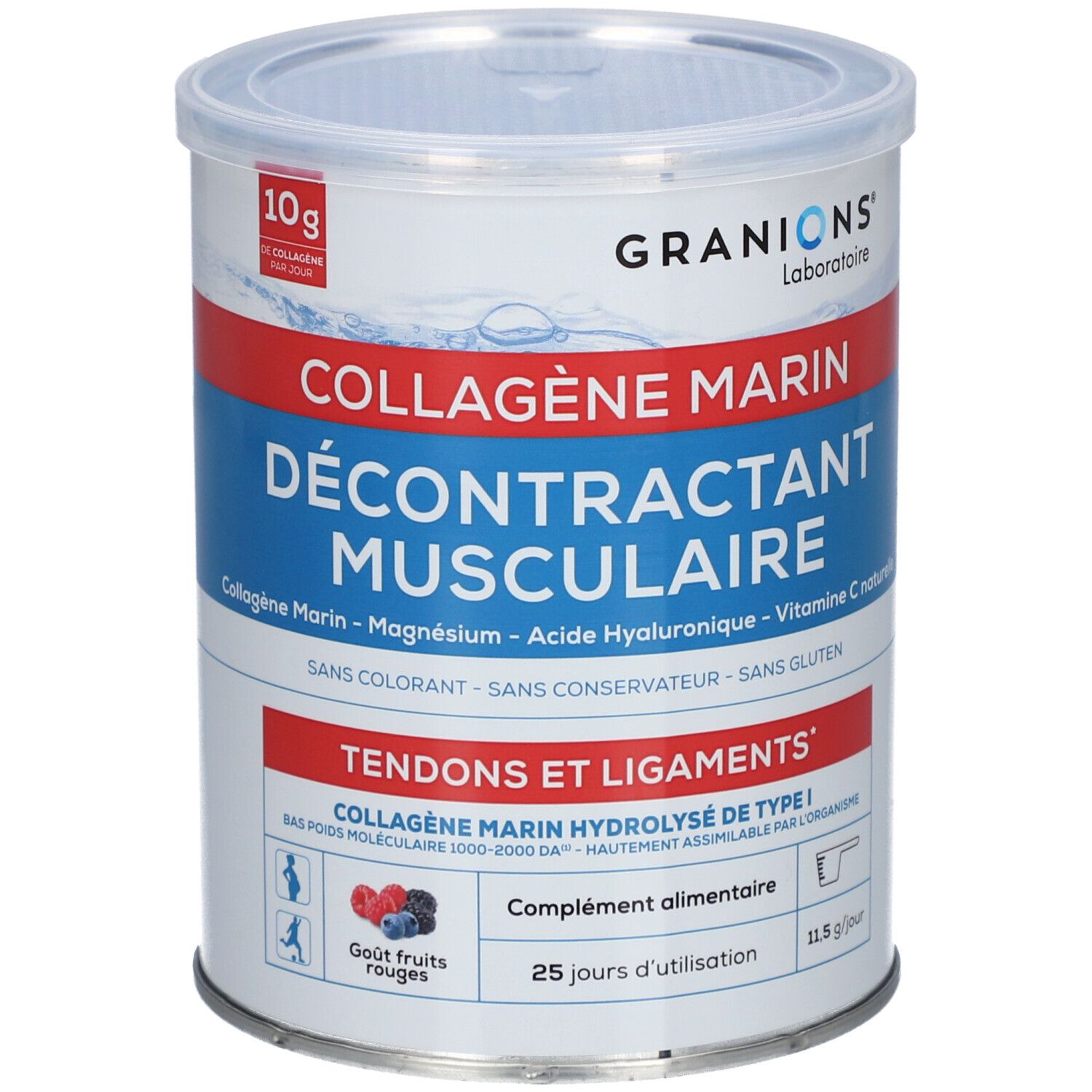 Boîte cylindrique avec couvercle. Inscription: GRANIONS, COLLAGÈNE MARIN DÉCONTRACTANT MUSCULAIRE. Contient 10g de collagène par jour.